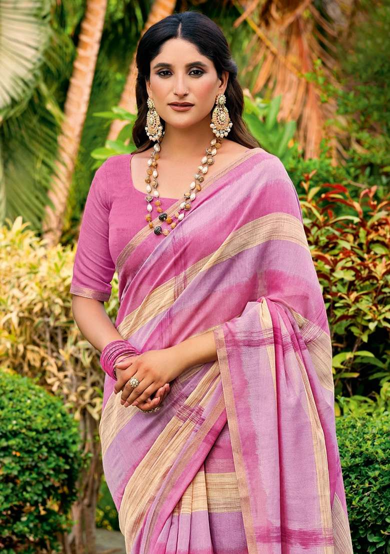 Pink Printed Cotton Blend Saree Set - Indya
