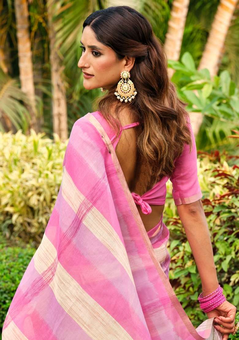 Pink Printed Cotton Blend Saree Set - Indya