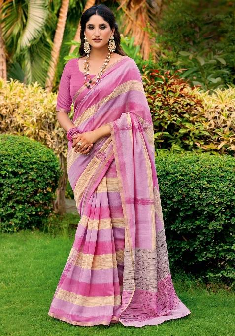 Pink Printed Cotton Blend Saree Set — view on Indya
