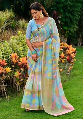 Multicolored Printed Cotton Blend Saree Set