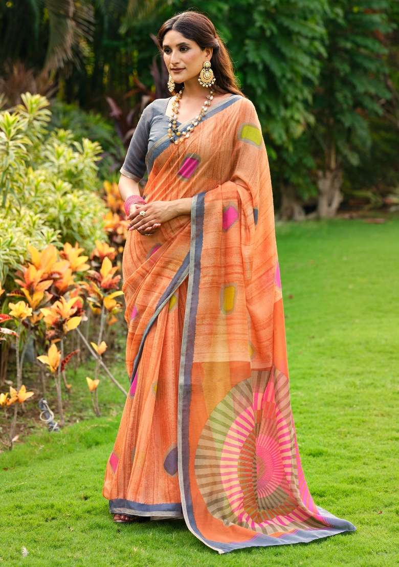 Orange Printed Cotton Blend Saree Set - Indya