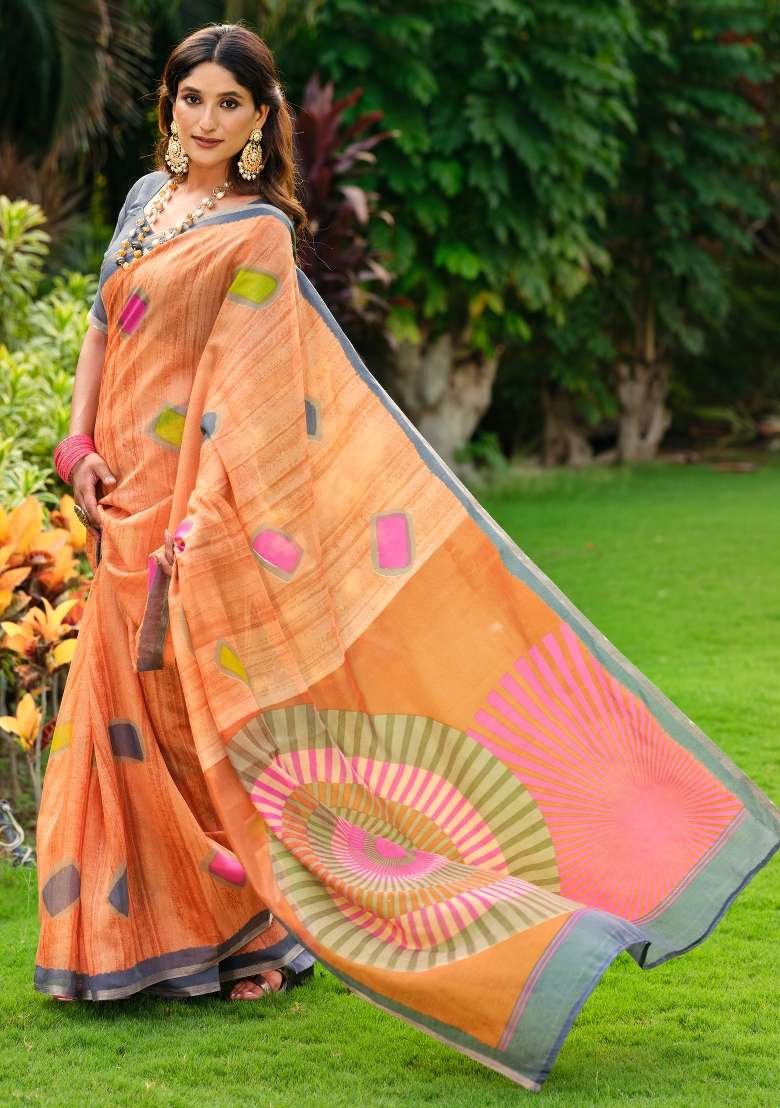Orange Printed Cotton Blend Saree Set - Indya