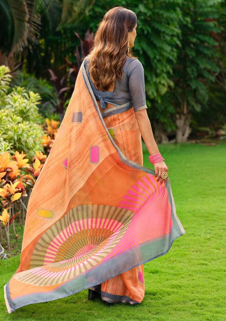 Orange Printed Cotton Blend Saree Set - Indya