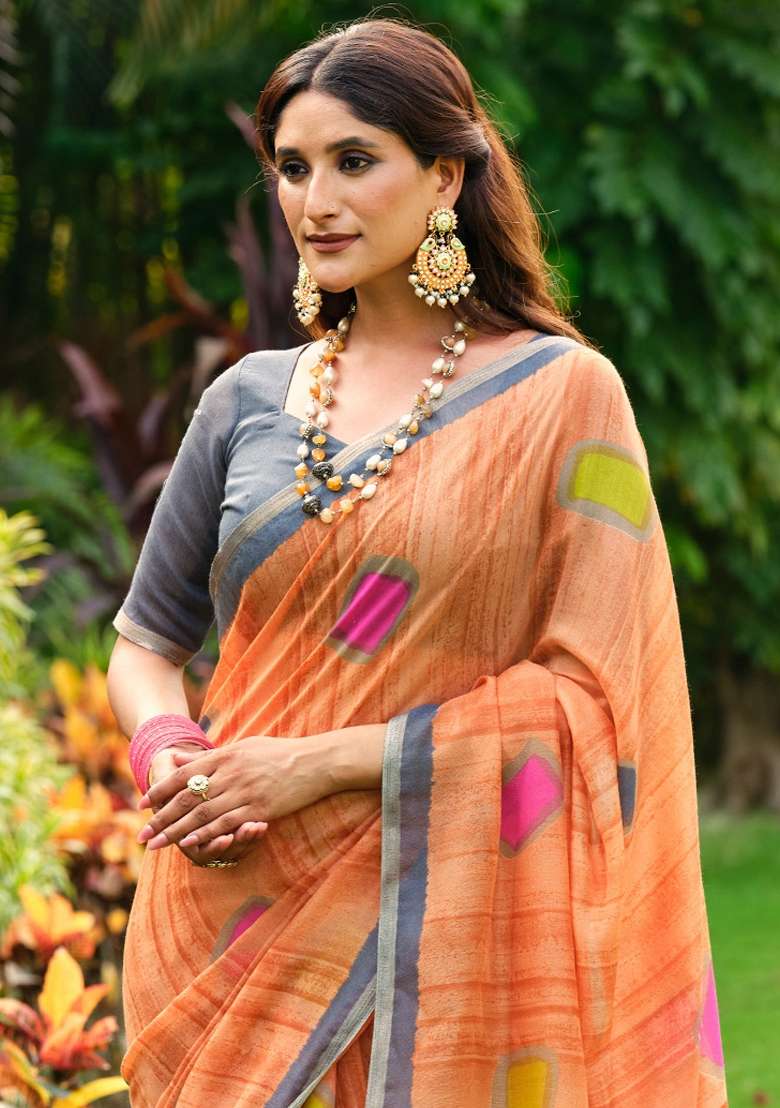 Orange Printed Cotton Blend Saree Set - Indya