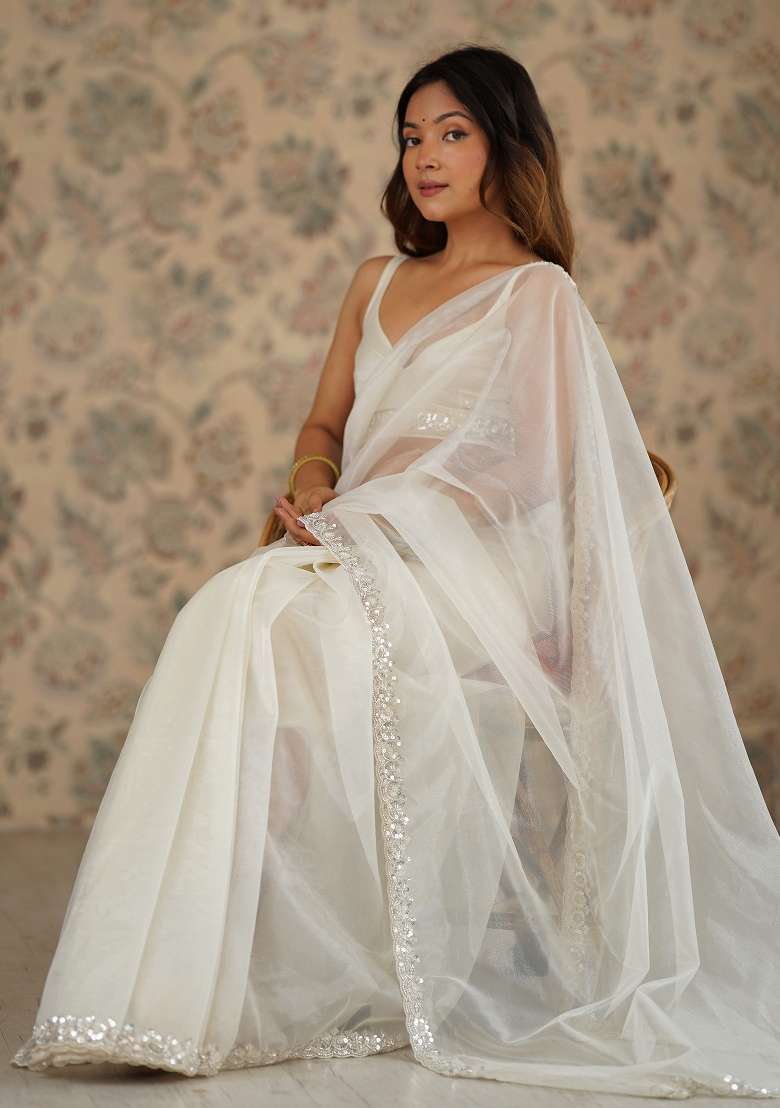 Off White Printed Net Saree Set for Diwali and Festive Wear - Indya