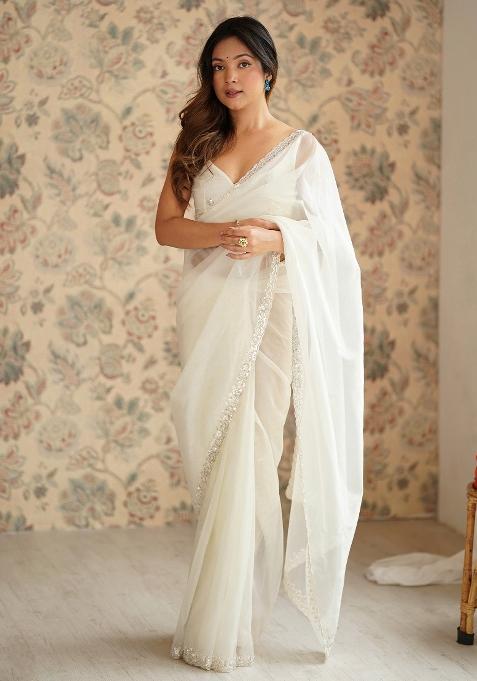 Off White Printed Net Saree Set — view on Indya