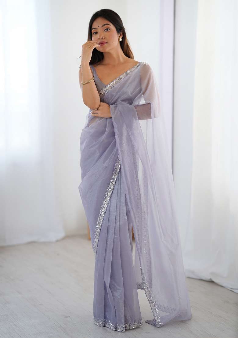 Lavender Printed Net Saree Set - Indya