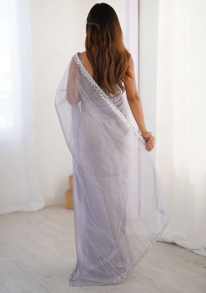Lavender Printed Net Saree Set - Indya