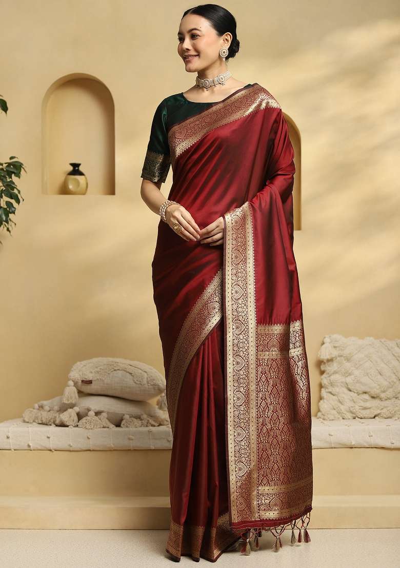 Maroon Soft Silk Blend Saree Set with Printed for Diwali | Wedding & Festive Wear - Indya