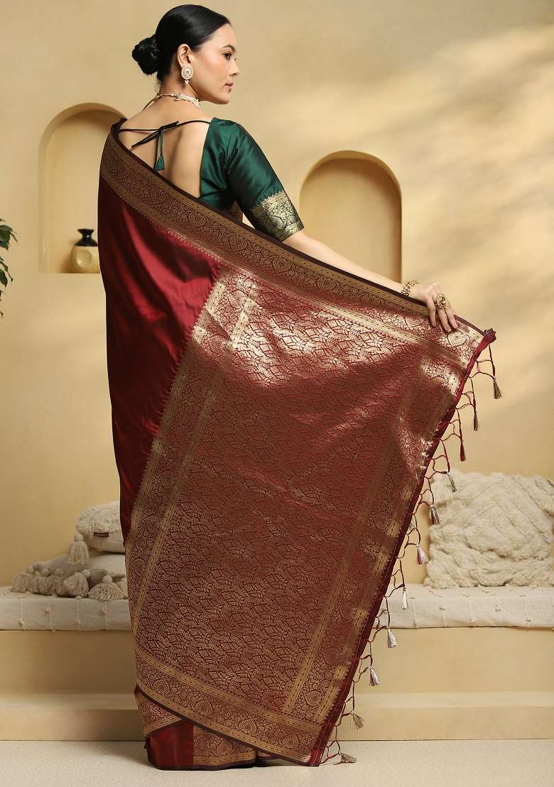 Maroon Soft Silk Blend Saree Set with Printed for Diwali | Wedding & Festive Wear - Indya