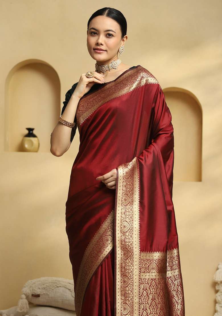 Maroon Soft Silk Blend Saree Set with Printed for Diwali | Wedding & Festive Wear - Indya