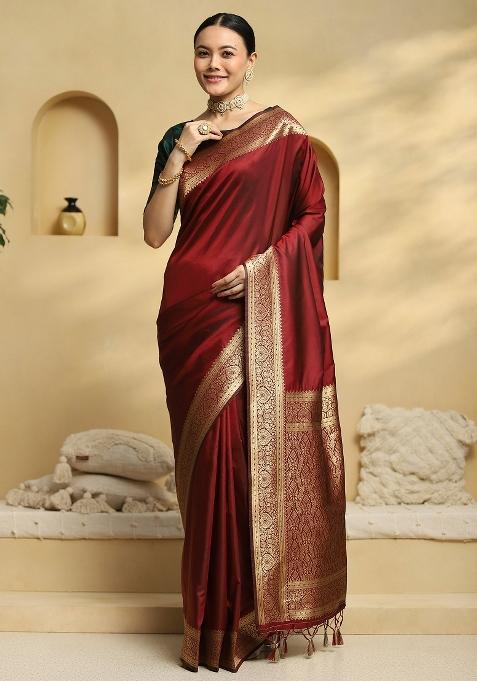 Maroon Printed Soft Silk Blend Saree Set