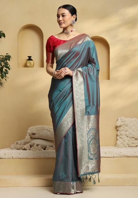 Teal Green Printed Soft Silk Saree Set — view on Indya