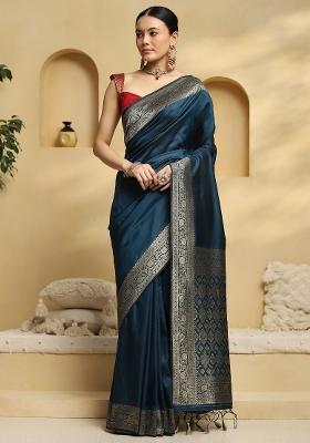 Teal Blue Printed Soft Silk Saree Set