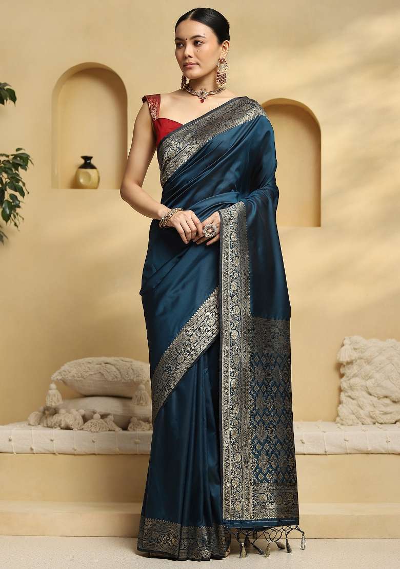 Teal Blue Printed Soft Silk Blend Saree Set - Indya