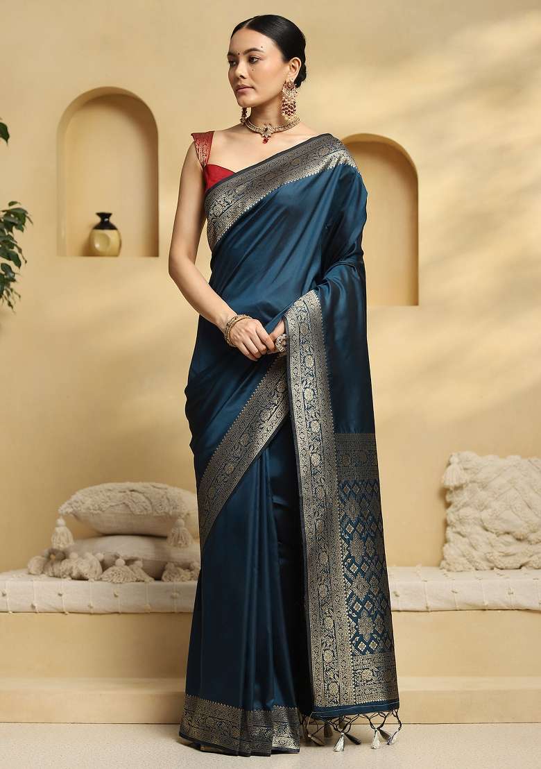 Teal Blue Printed Soft Silk Blend Saree Set - Indya