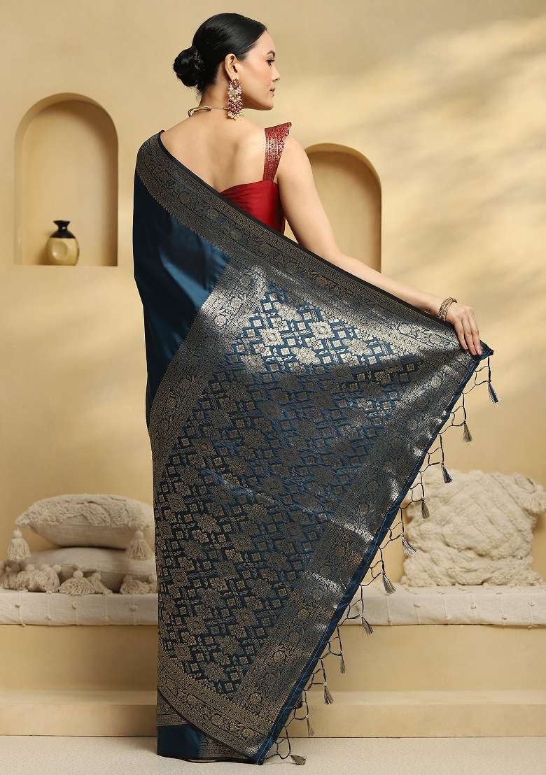 Teal Blue Printed Soft Silk Blend Saree Set - Indya