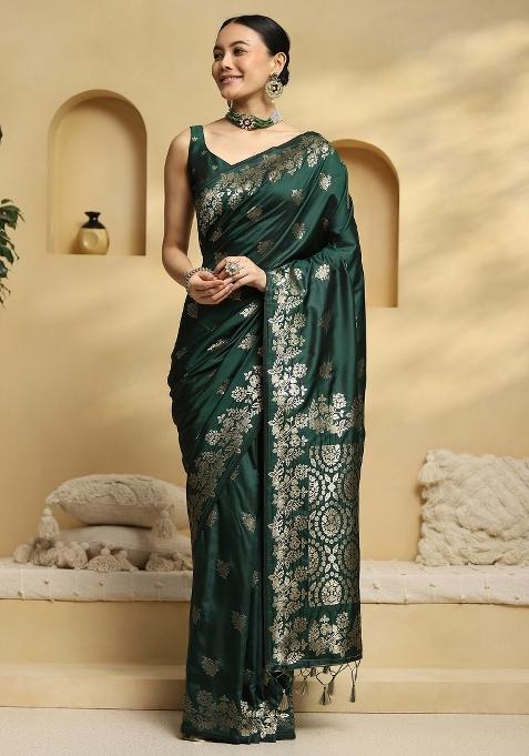 Dark Green Printed Soft Silk Saree Set — view on Indya