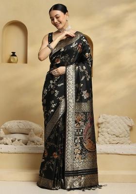 Black Printed Soft Silk Saree Set