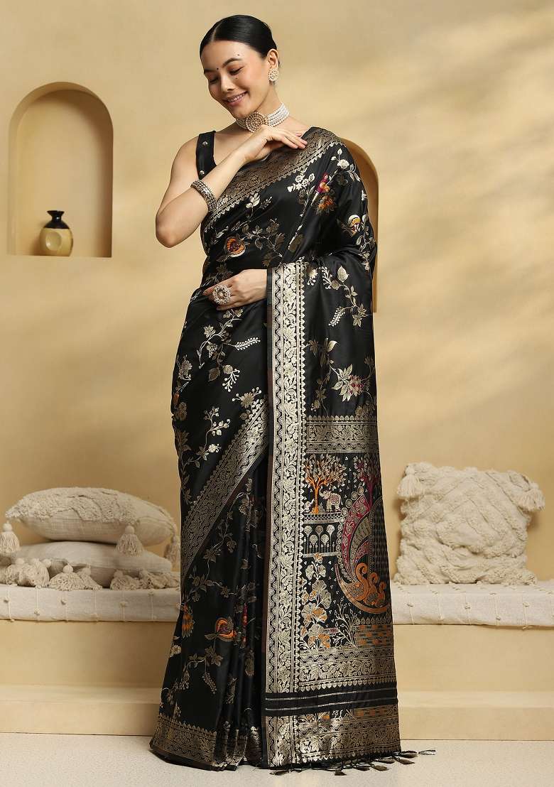 Black Printed Soft Silk Blend Saree Set for Diwali and Festive Wear - Indya