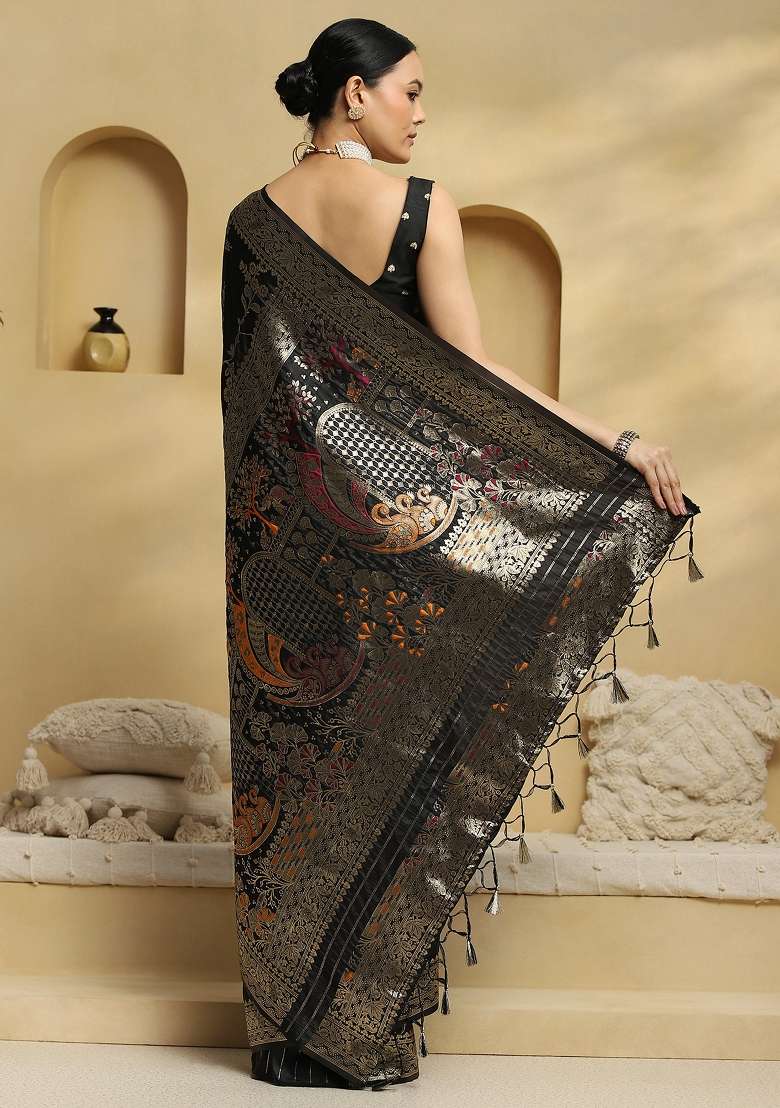 Black Printed Soft Silk Blend Saree Set for Diwali and Festive Wear - Indya