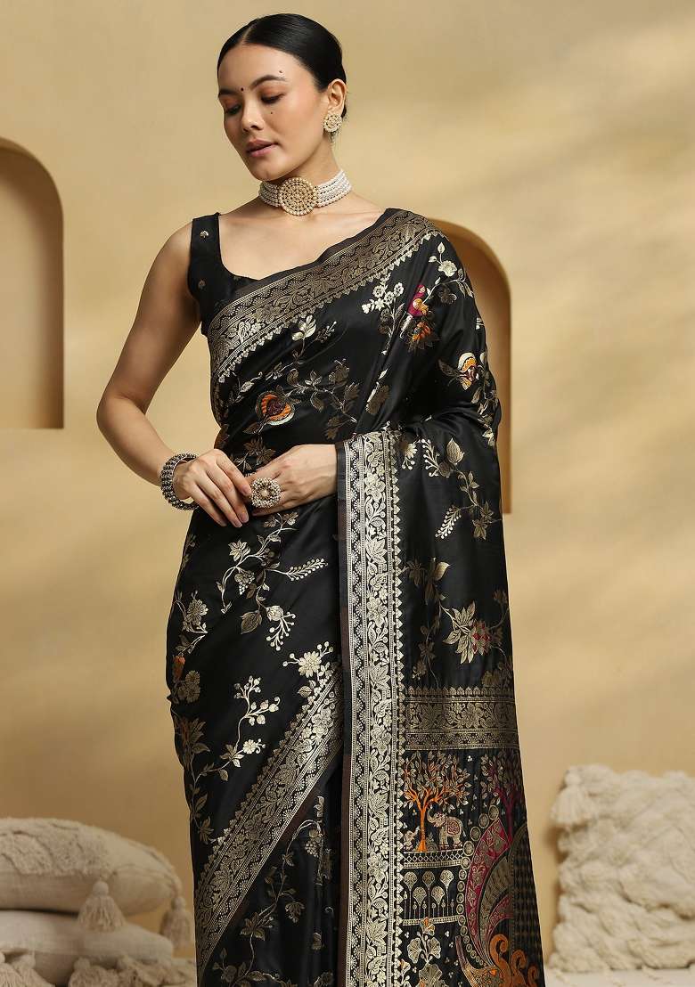 Black Printed Soft Silk Blend Saree Set for Diwali and Festive Wear - Indya