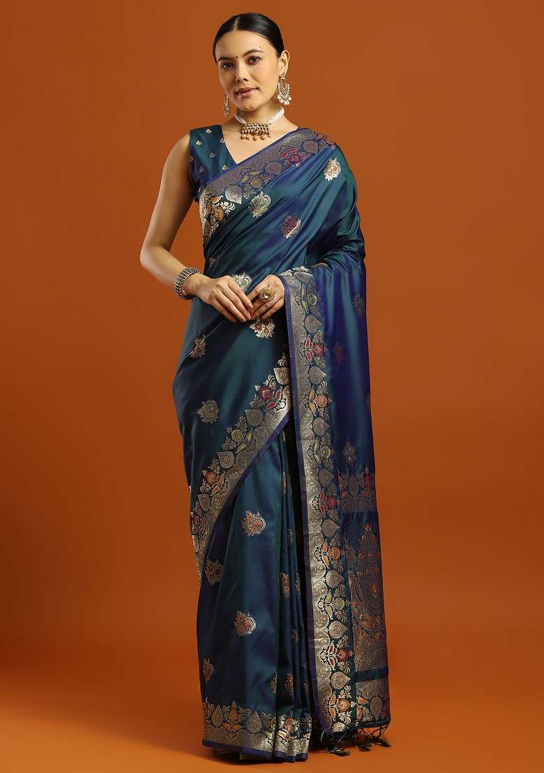 Teal Blue Printed Soft Silk Blend Saree Set - Indya