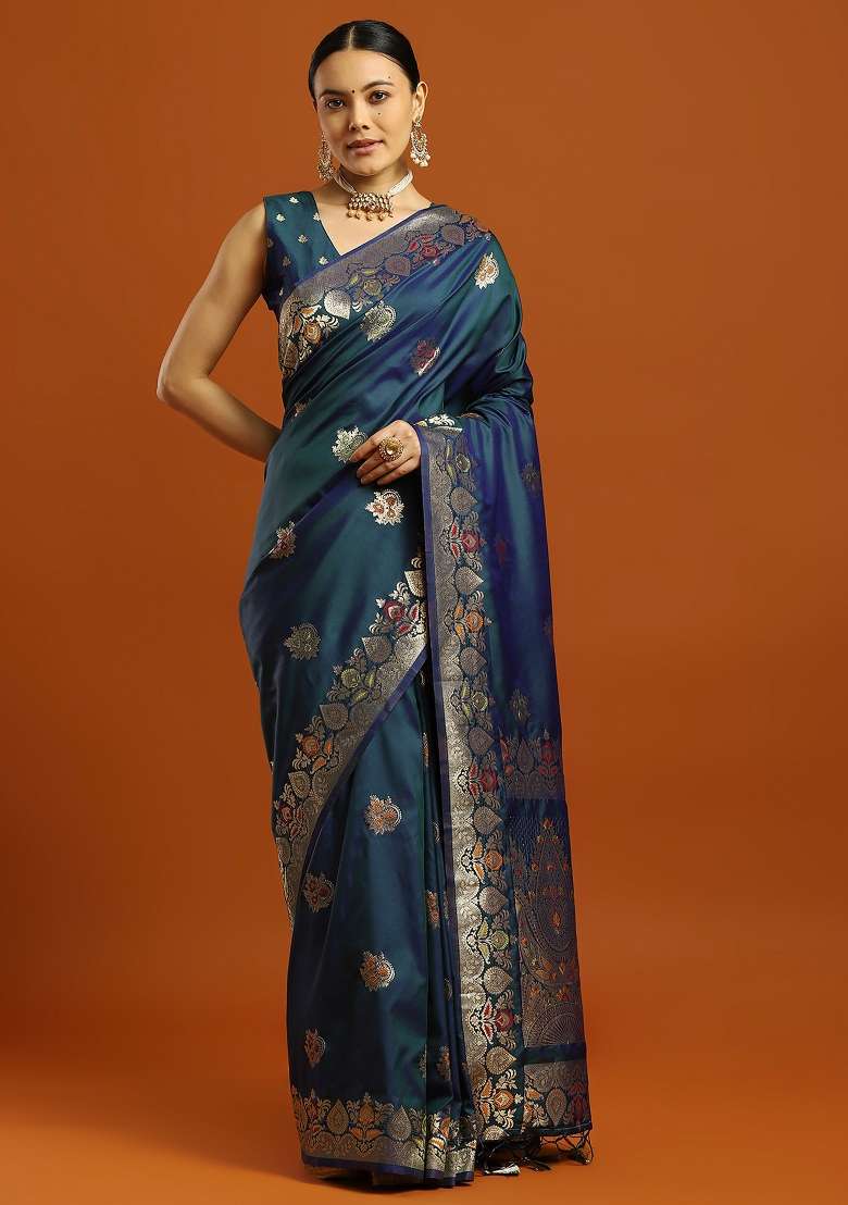 Teal Blue Printed Soft Silk Blend Saree Set - Indya