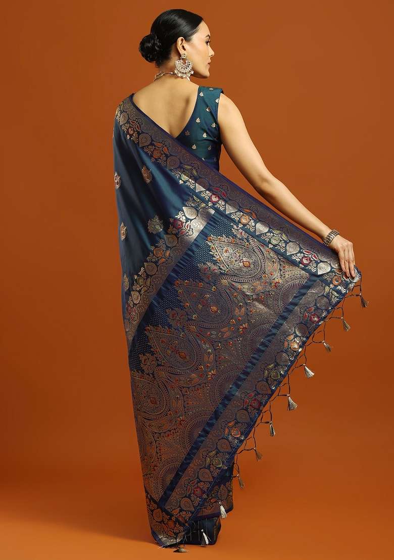 Teal Blue Printed Soft Silk Blend Saree Set - Indya