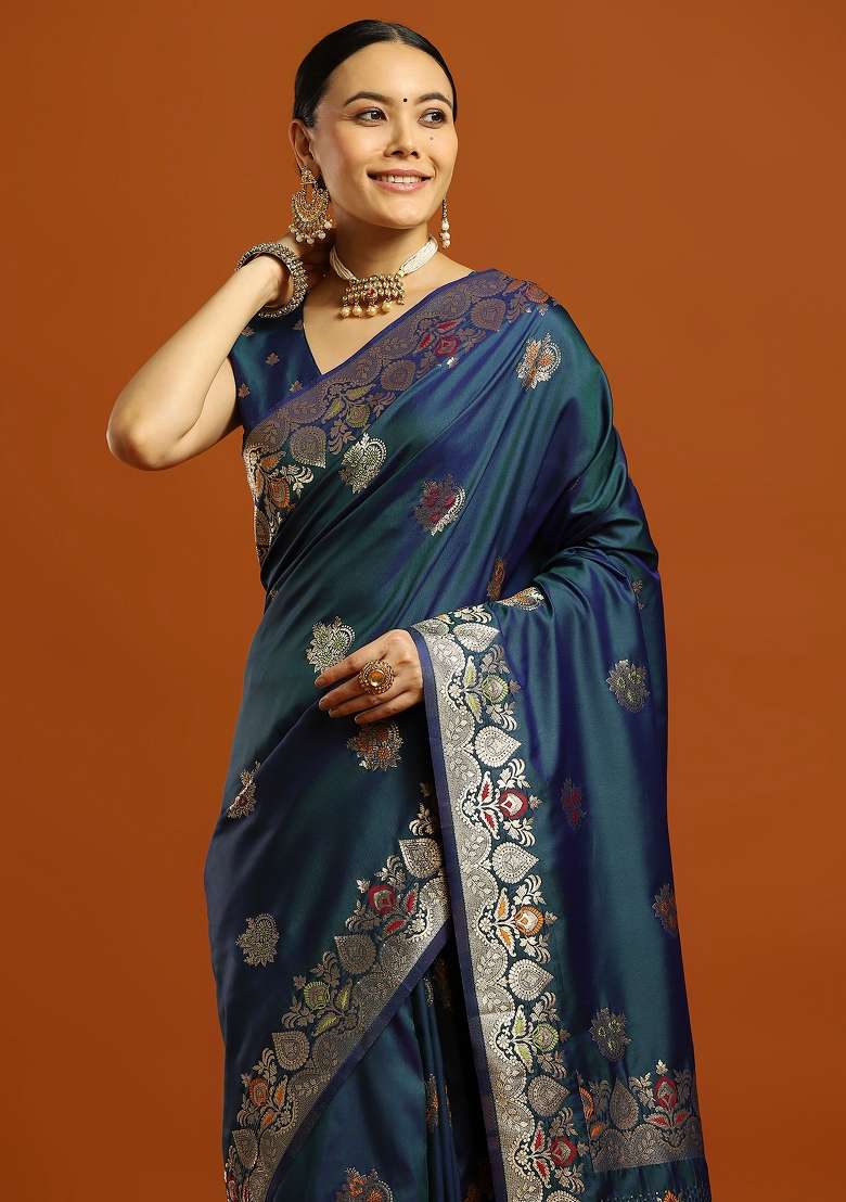 Teal Blue Printed Soft Silk Blend Saree Set - Indya