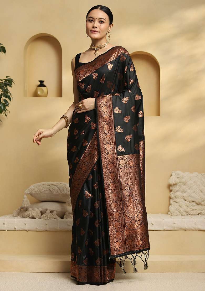 Black Printed Soft Silk Saree Set - Indya