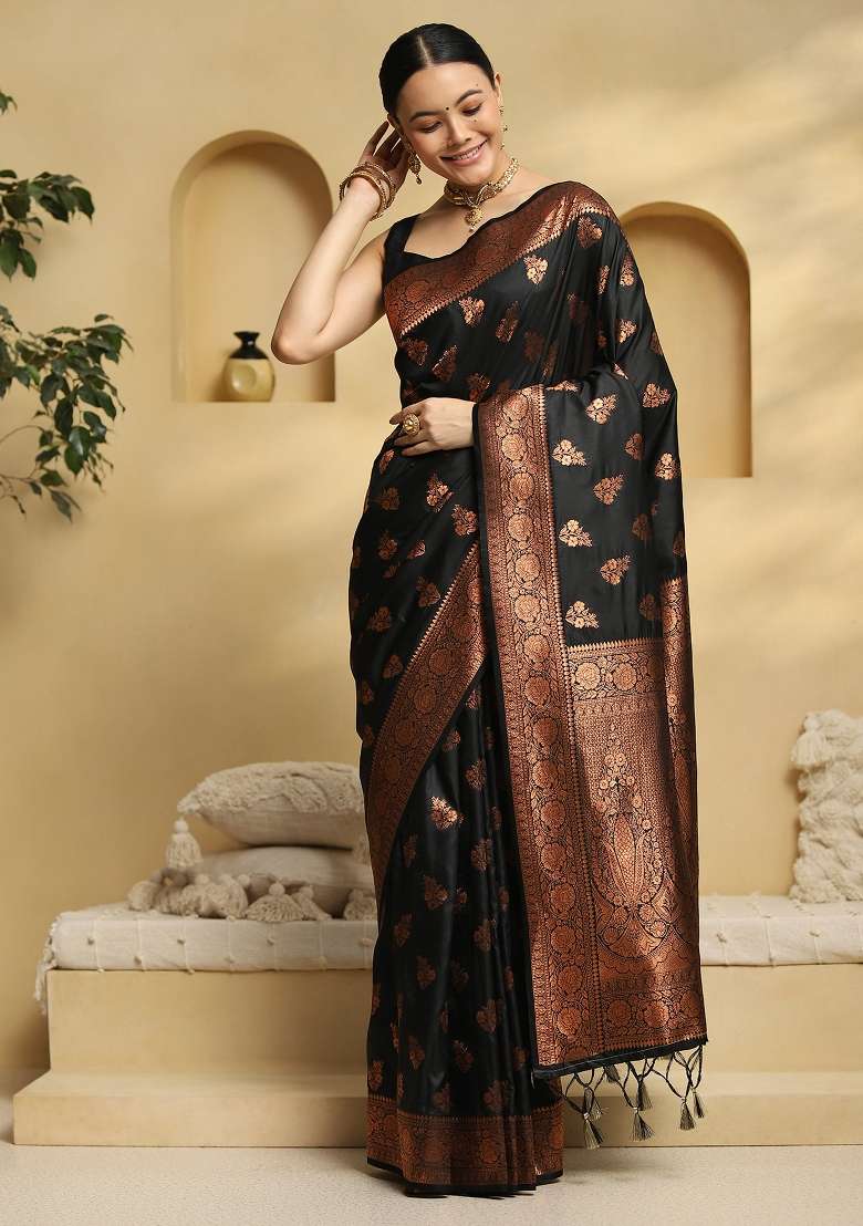 Black Printed Soft Silk Saree Set - Indya