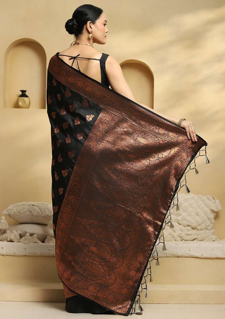 Black Printed Soft Silk Saree Set - Indya
