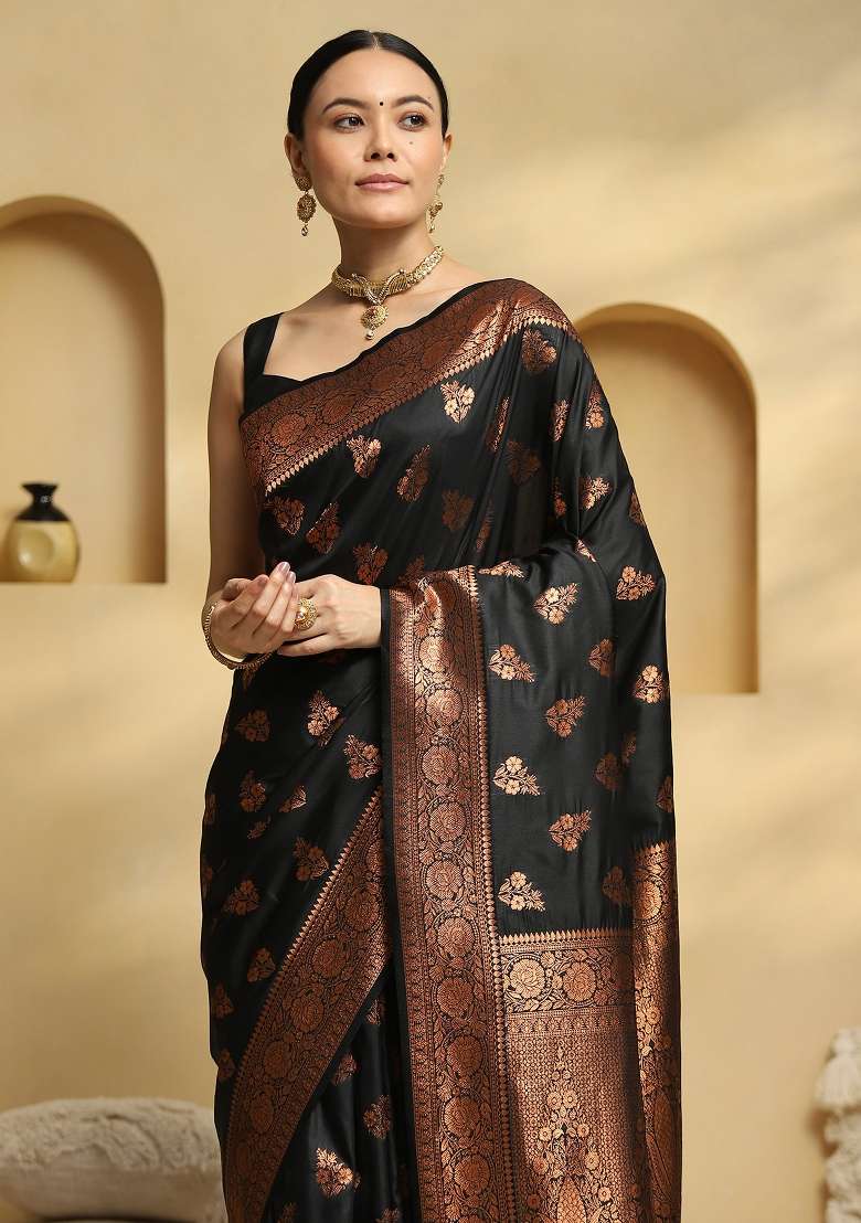 Black Printed Soft Silk Saree Set - Indya
