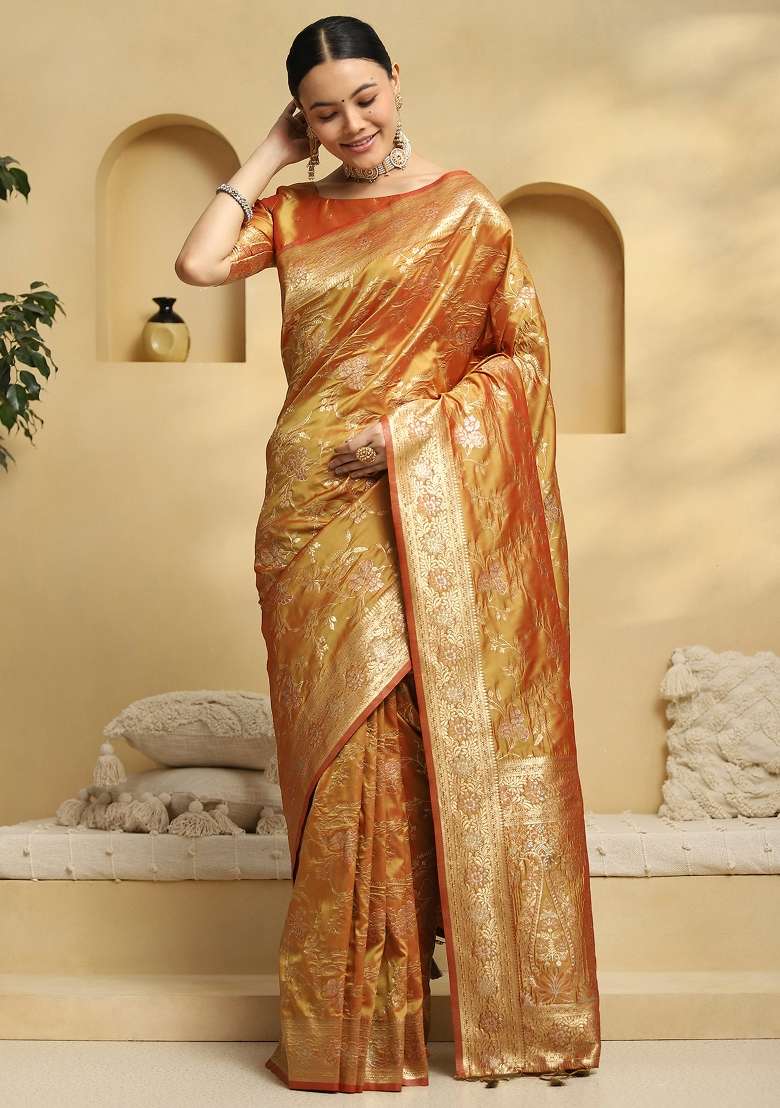 Mustard Printed Soft Silk Blend Saree Set for Diwali and Festive Wear - Indya