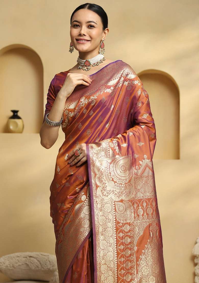 Rust Printed Soft Silk Blend Saree Set for Diwali and Festive Wear - Indya