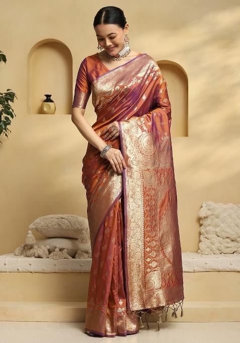 Rust Printed Soft Silk Saree Set — view on Indya