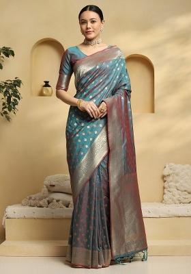 Teal Green Printed Soft Silk Blend Saree Set