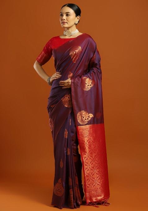 Purple Printed Soft Silk Saree Set — view on Indya