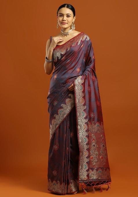 Maroon Printed Soft Silk Saree Set