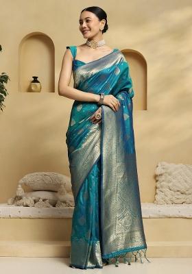 Teal Green Printed Soft Silk Saree Set