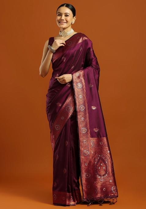 Burgundy Printed Soft Silk Saree Set — view on Indya