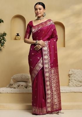 Magenta Printed Soft Silk Blend Saree Set