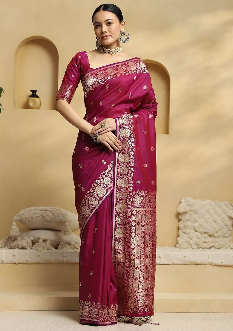 Magenta Printed Soft Silk Blend Saree Set for Diwali and Festive Wear - Indya