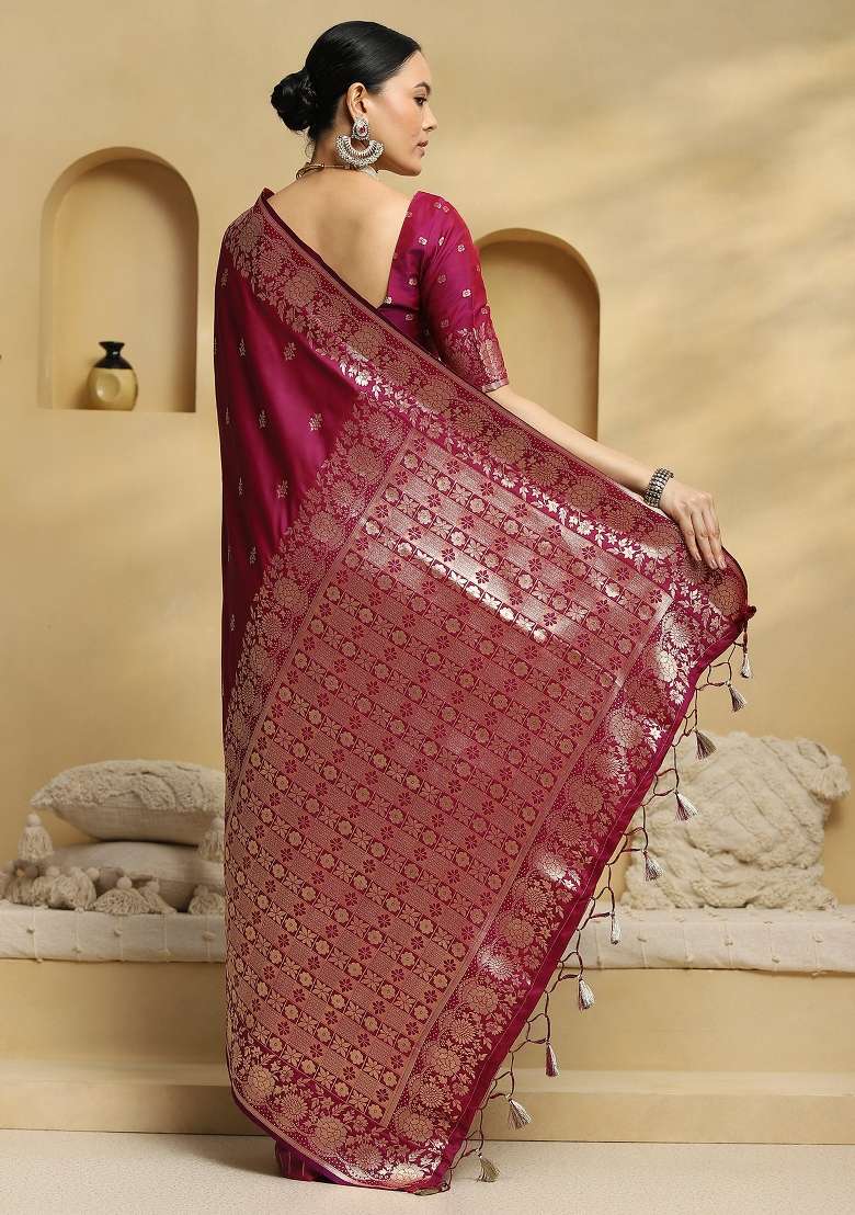 Magenta Printed Soft Silk Blend Saree Set for Diwali and Festive Wear - Indya