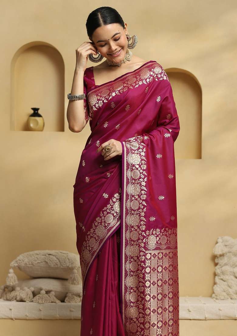 Magenta Printed Soft Silk Blend Saree Set for Diwali and Festive Wear - Indya