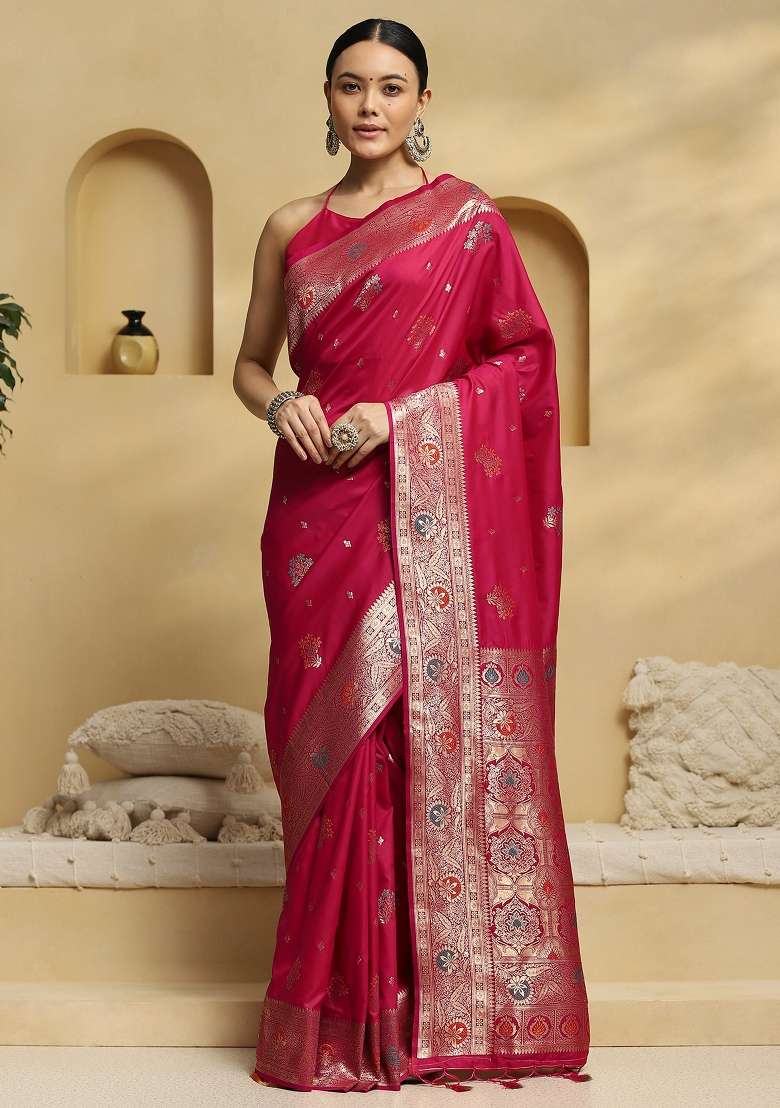 Pink Printed Soft Silk Blend Saree Set for Diwali and Festive Wear - Indya