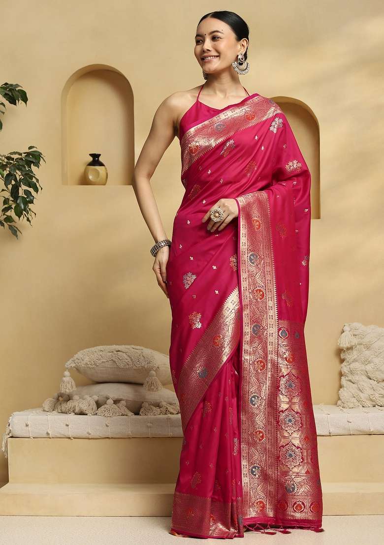 Pink Printed Soft Silk Blend Saree Set for Diwali and Festive Wear - Indya