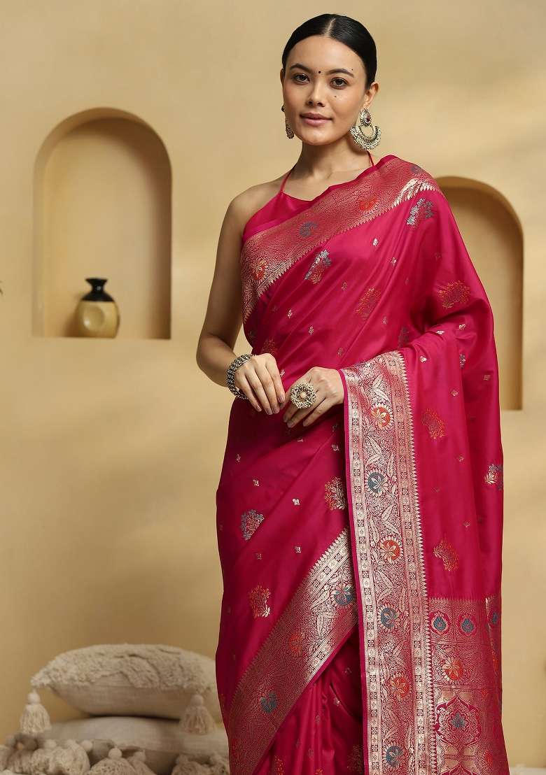 Pink Printed Soft Silk Blend Saree Set for Diwali and Festive Wear - Indya
