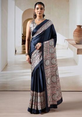 Black Printed Satin Saree Set